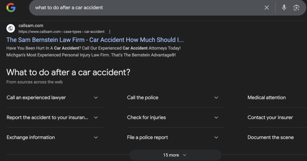 screenshot of Google SERP for search query "what to do after a car accident" displaying above-the-fold one firm ad, a set of google-provded answers (a PAA feature), and FindLaw listings